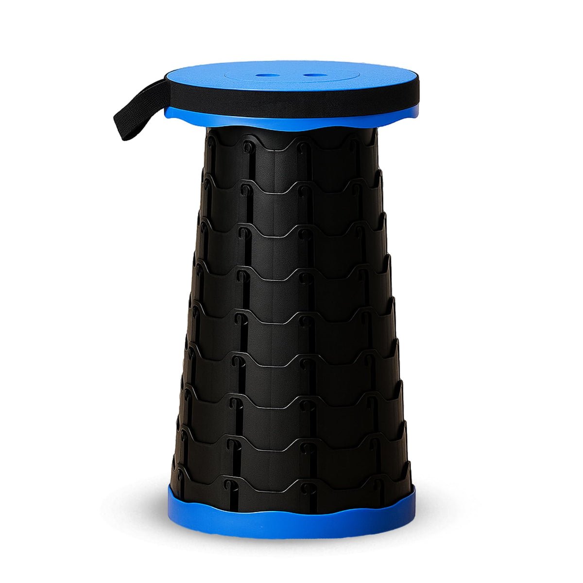 Ever Brightly front view showing blue black stool and benefits of portability