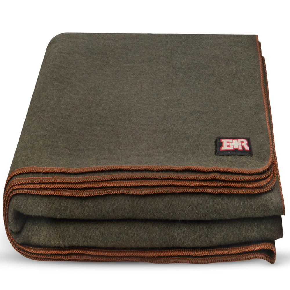 Ever Ready First Aid blanket front view showing olive drab and full size, durable warmth