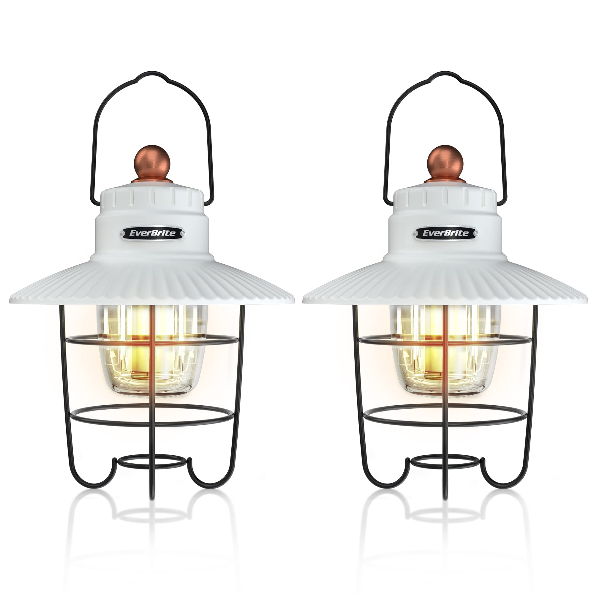 EverBrite lantern front view showing vintage white housing and even 360° glow for campsite lighting