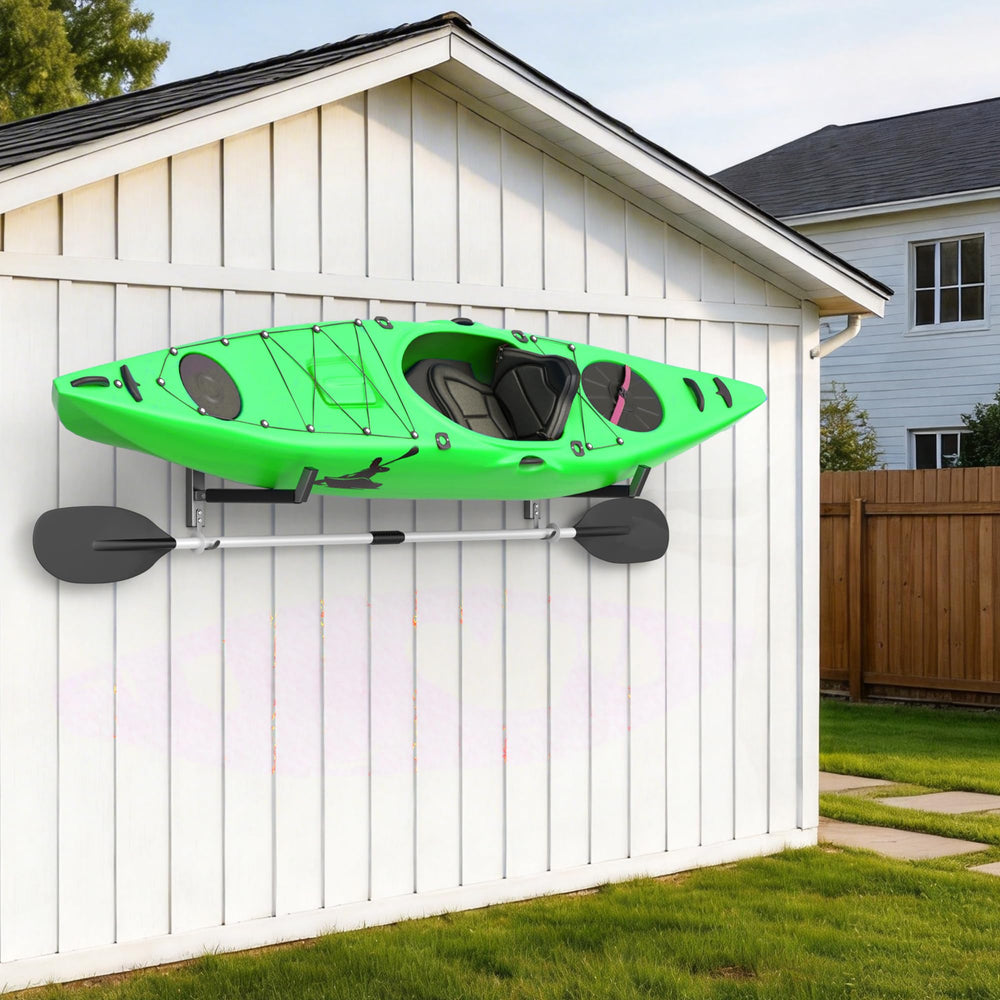 EVERHANGER driveway lifestyle scene with kayak on rack showing neat outdoor storage