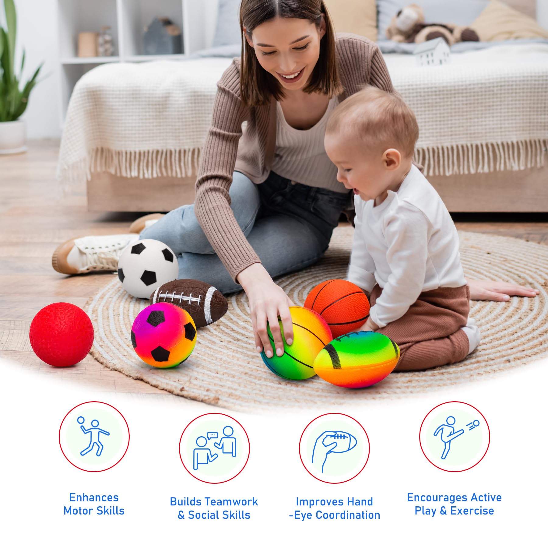 EVERICH TOY balls scattered on backyard grass for active outdoor play and group games