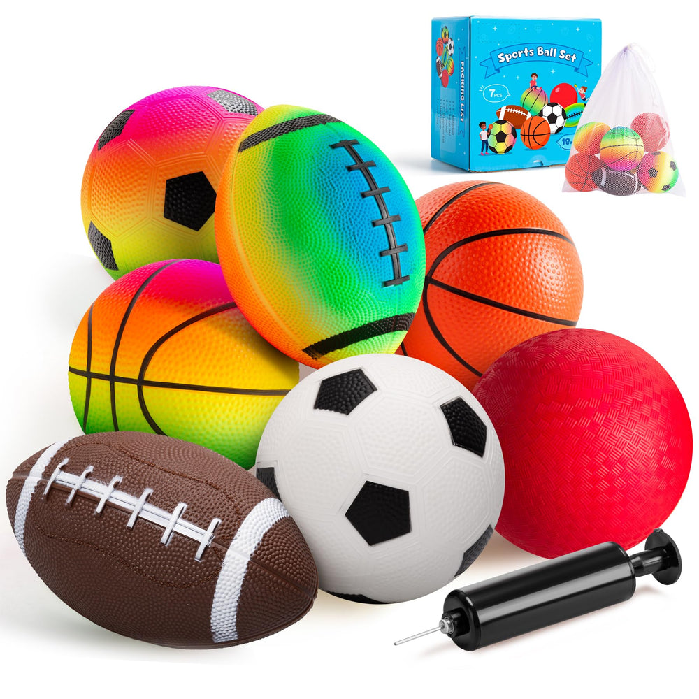 EVERICH TOY front packaging showing seven small colorful sports balls and included pump for convenience