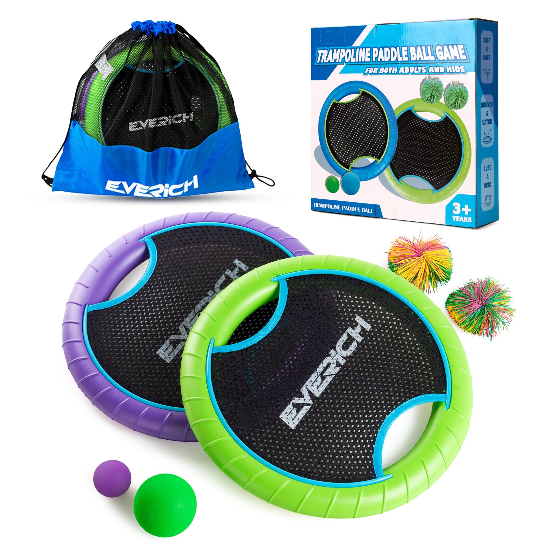 EVERICH TOY front packaging showing full paddle ball set and benefits