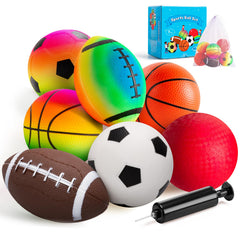 EVERICH TOY front packaging showing seven small colorful sports balls and included pump for convenience