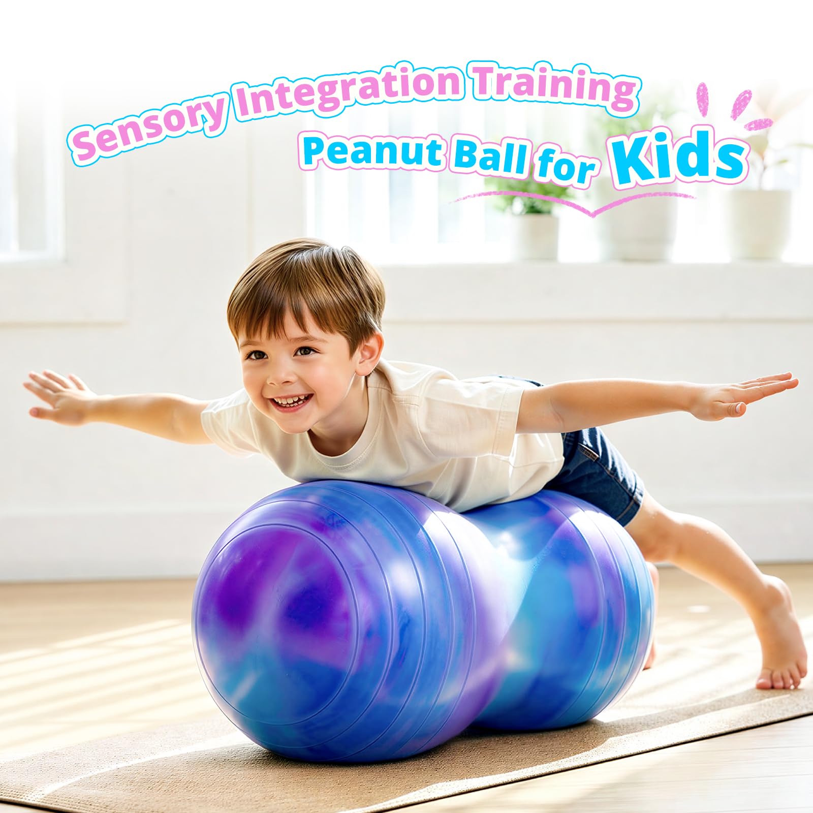 EVERICH TOY child lying across ball showing supported tummy play benefit