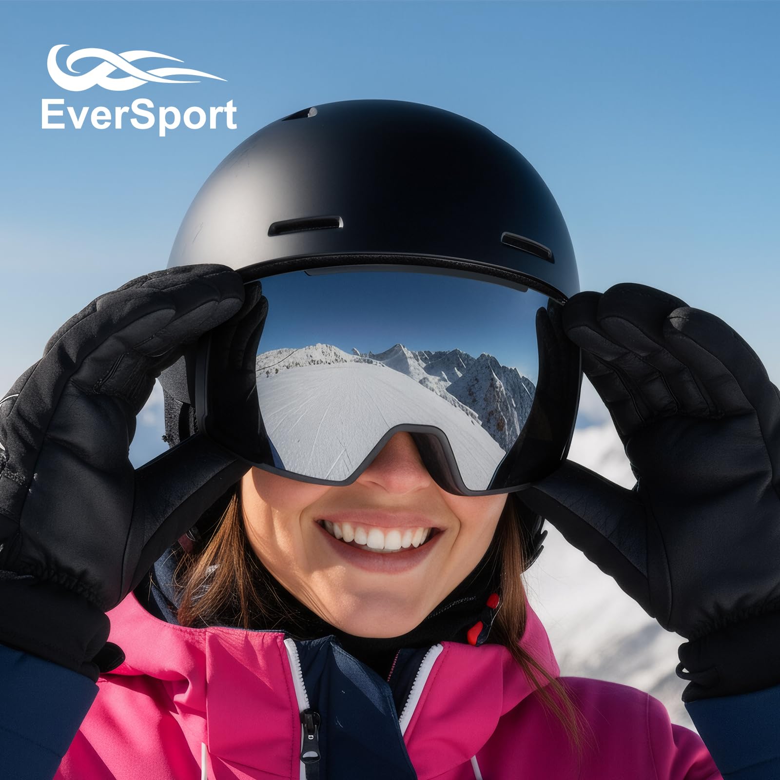 EverSport goggles worn by rider on mountain showing clear vision and active performance