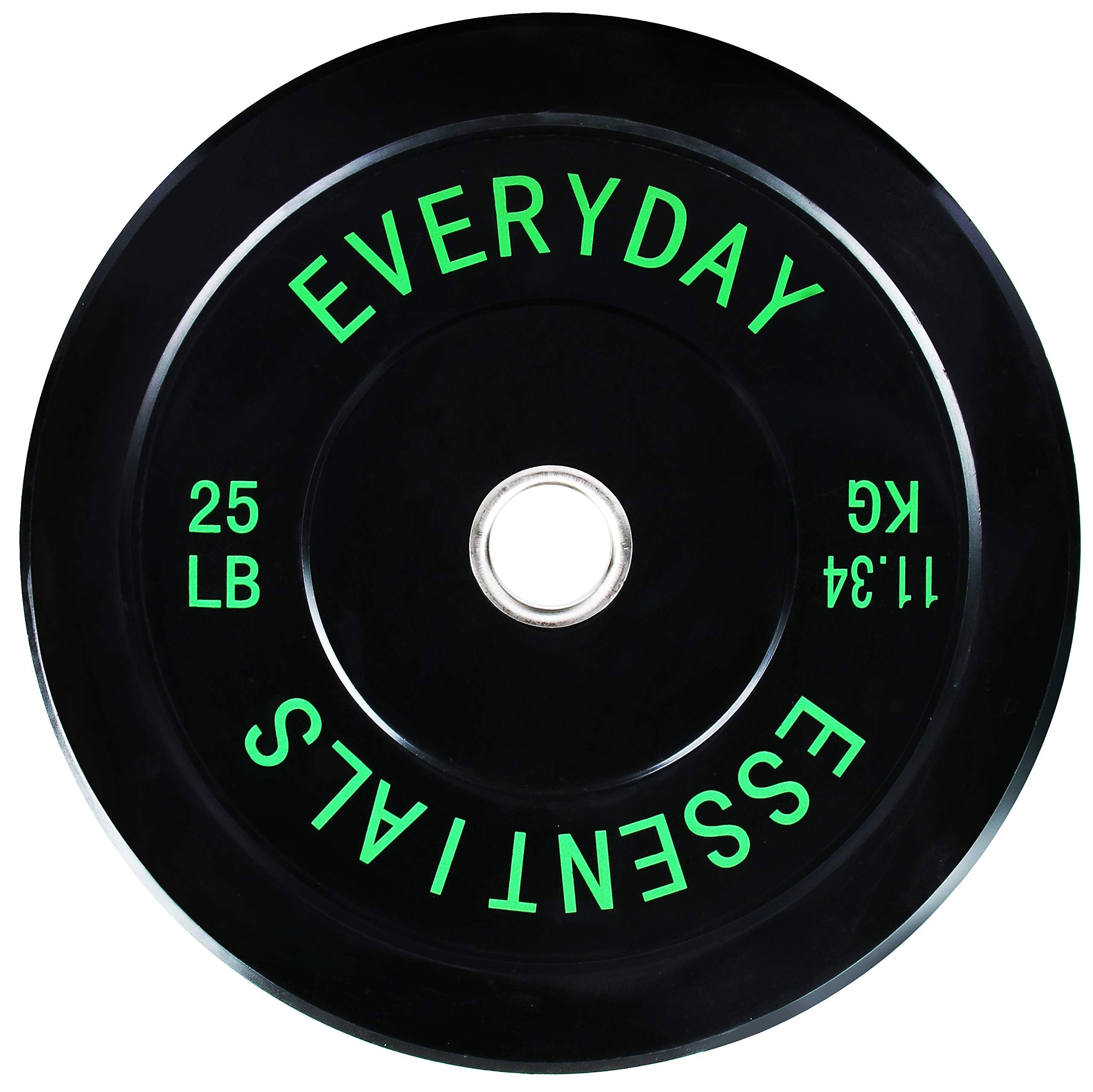 Everyday Essentials 25LB bumper plate front view showing clear weight markings and durable rubber