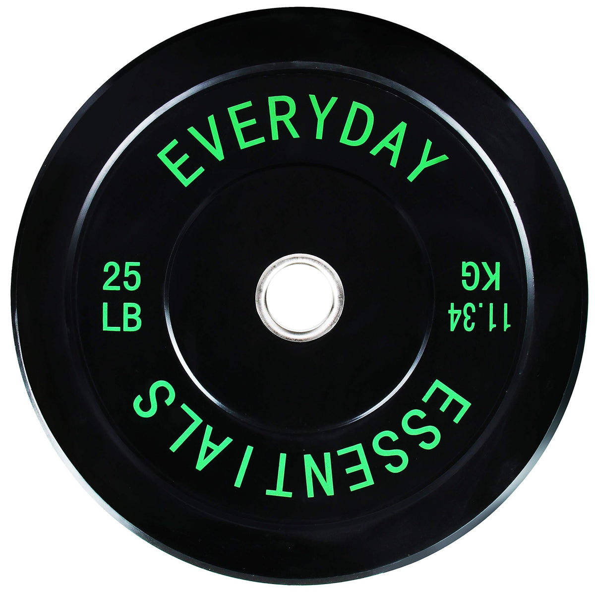 Everyday Essentials 25LB bumper plate front view showing clear weight markings and durable rubber