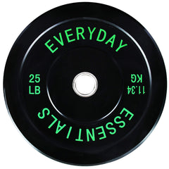 Everyday Essentials 25LB bumper plate front view showing clear weight markings and durable rubber