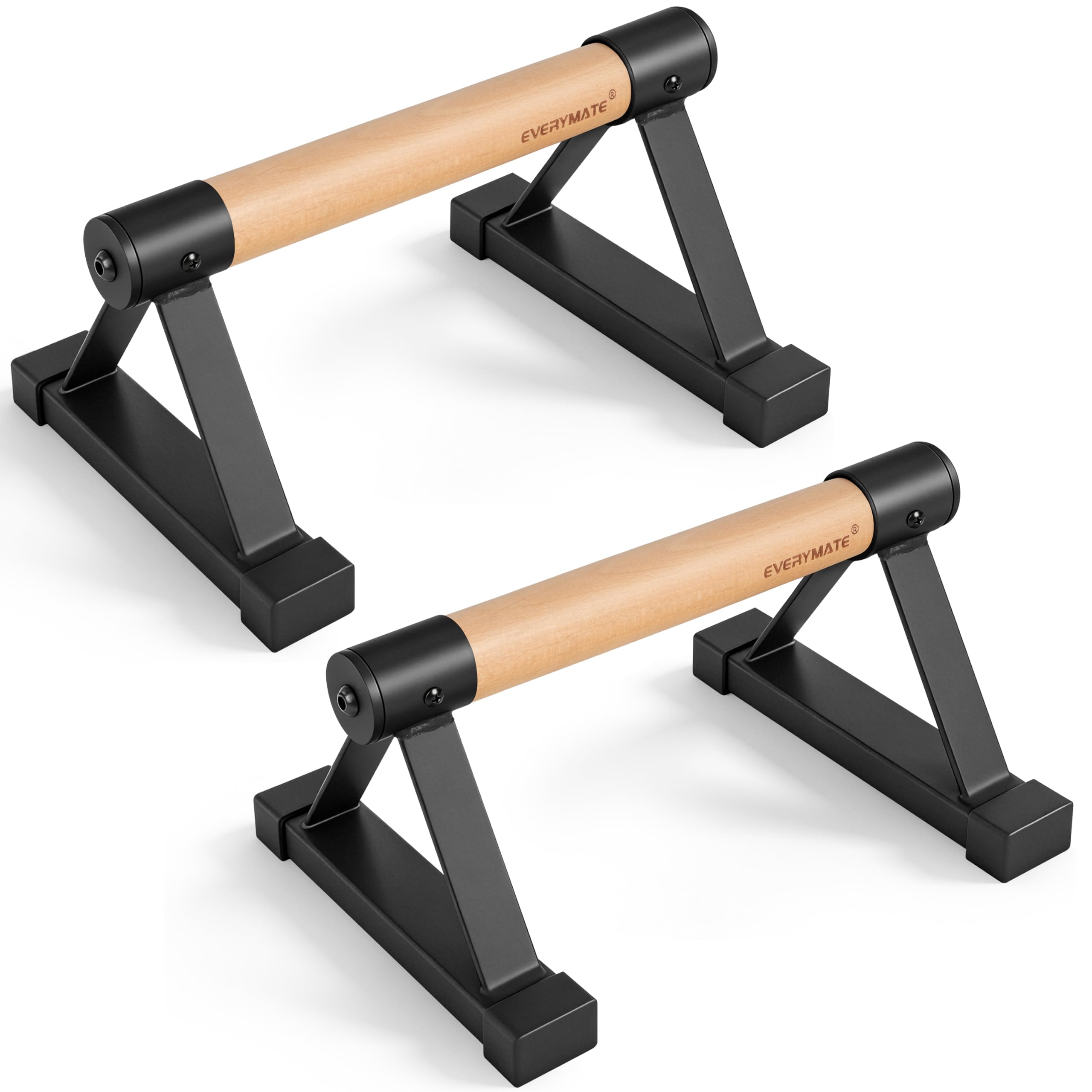 EVERYMATE parallettes front view showing stable beech construction and ergonomic grip