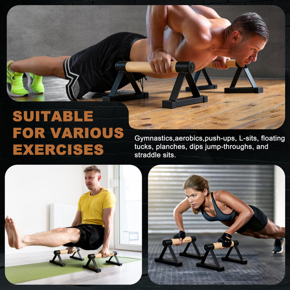 EVERYMATE rubber feet on wood parallettes protecting floor and preventing slip