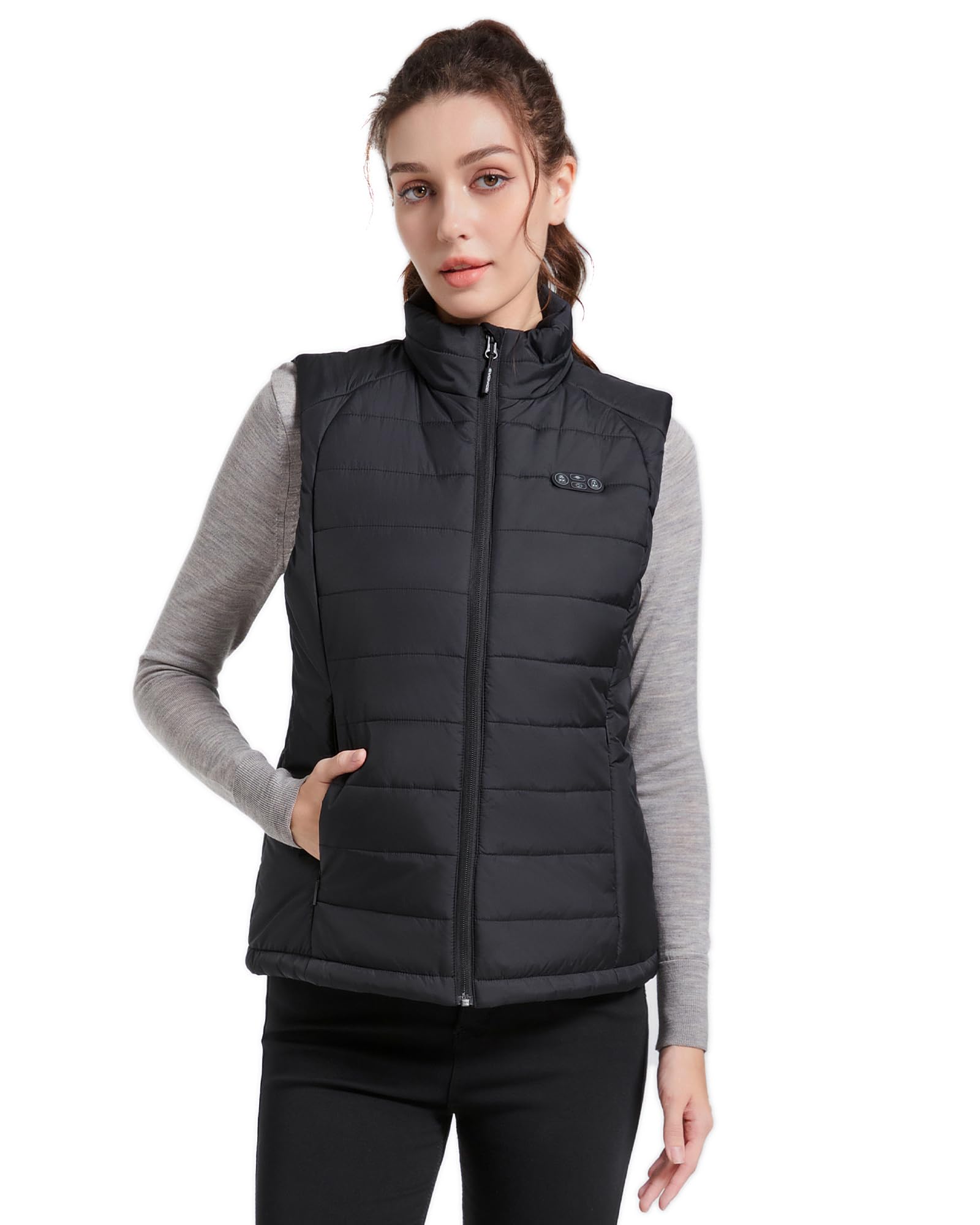 Evonicc vest layered under coat to illustrate slim profile and versatile warmth
