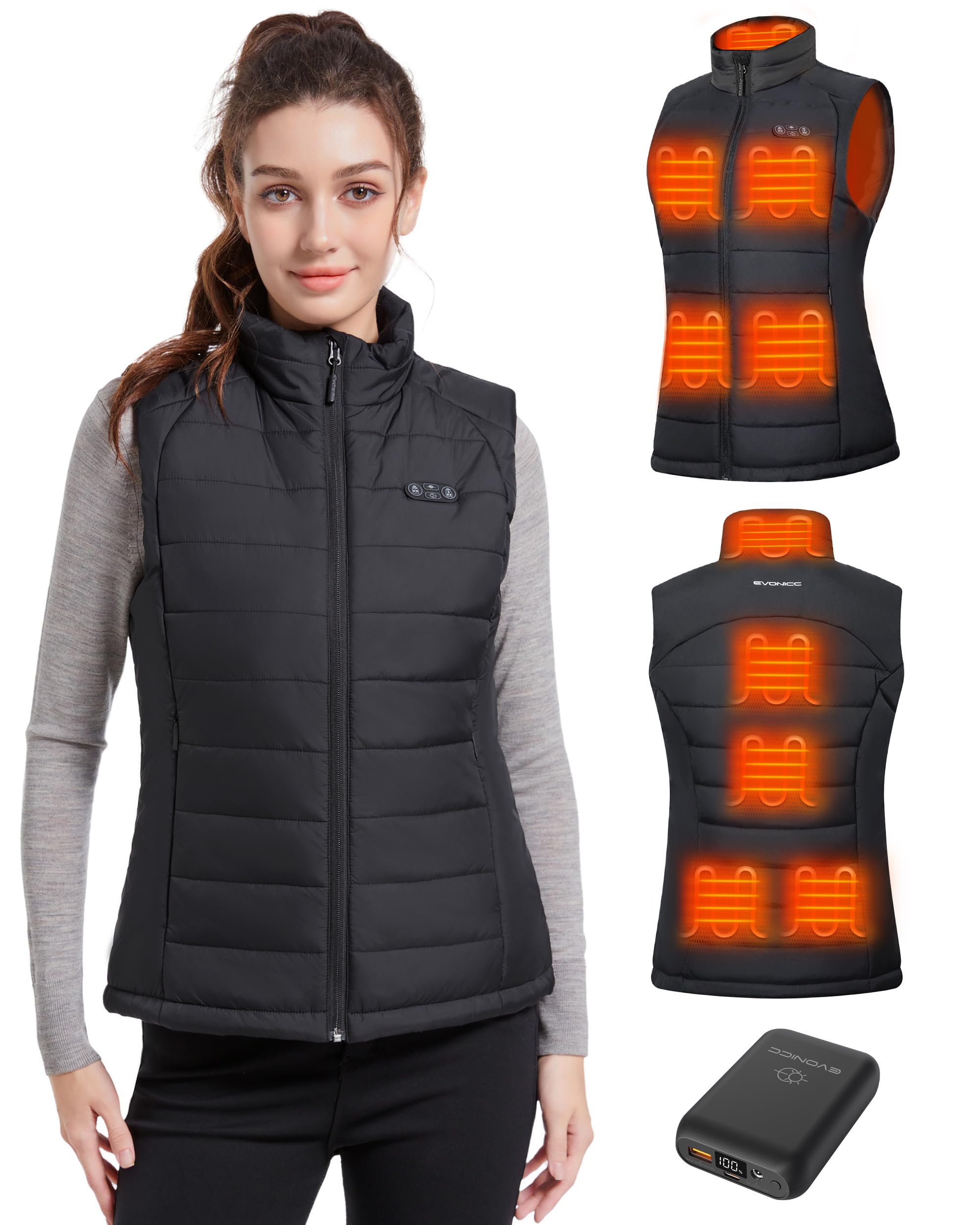Evonicc vest front view showing slim heated panels and flattering fit for warmth