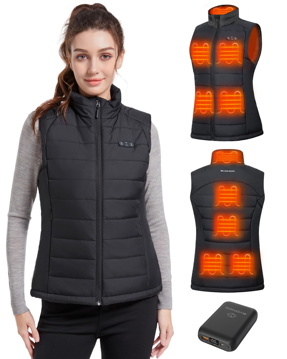 Evonicc vest front view showing slim heated panels and flattering fit for warmth