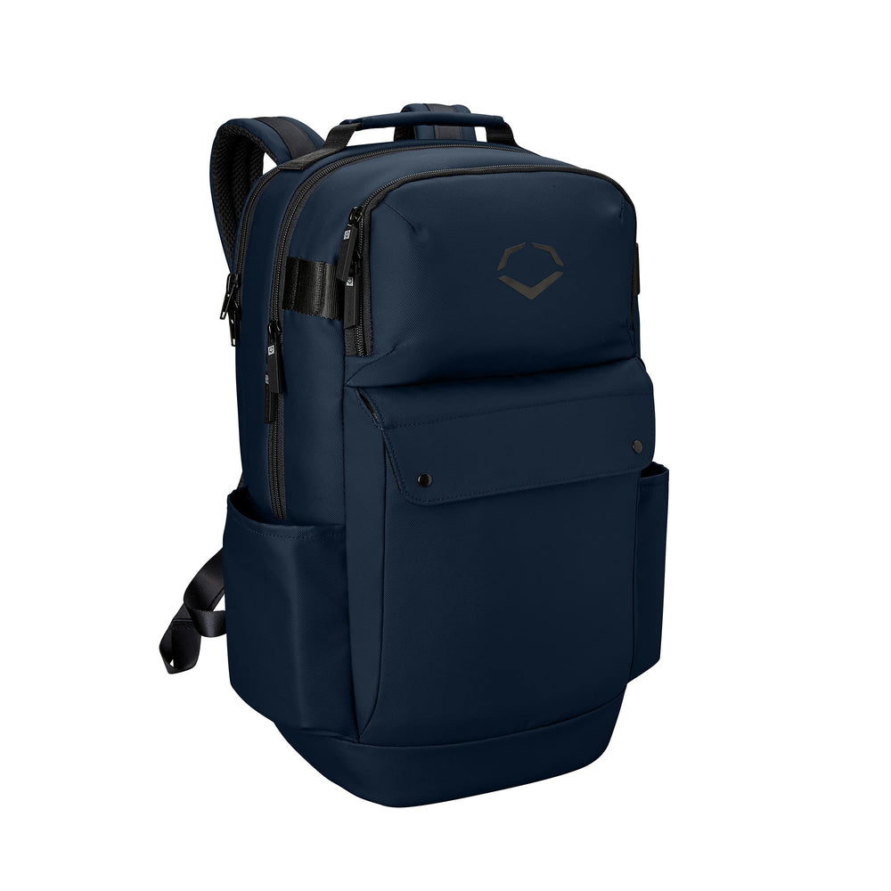 EvoShield front view of navy Exec Backpack showing sleek profile and pockets for organized travel