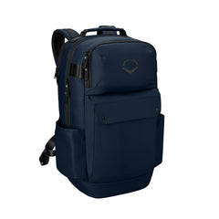 EvoShield front view of navy Exec Backpack showing sleek profile and pockets for organized travel