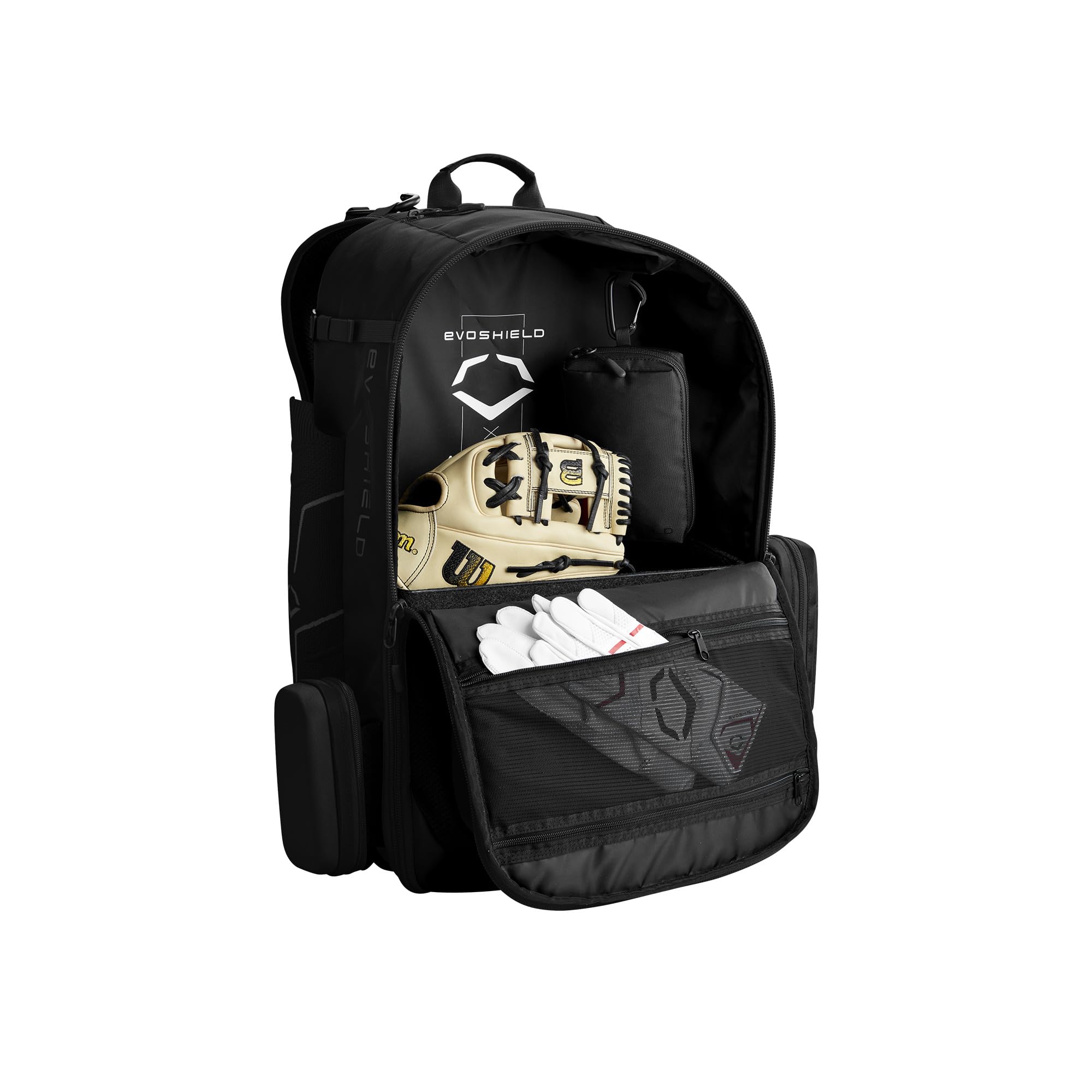 EvoShield bag hanging on dugout fence for quick access during games