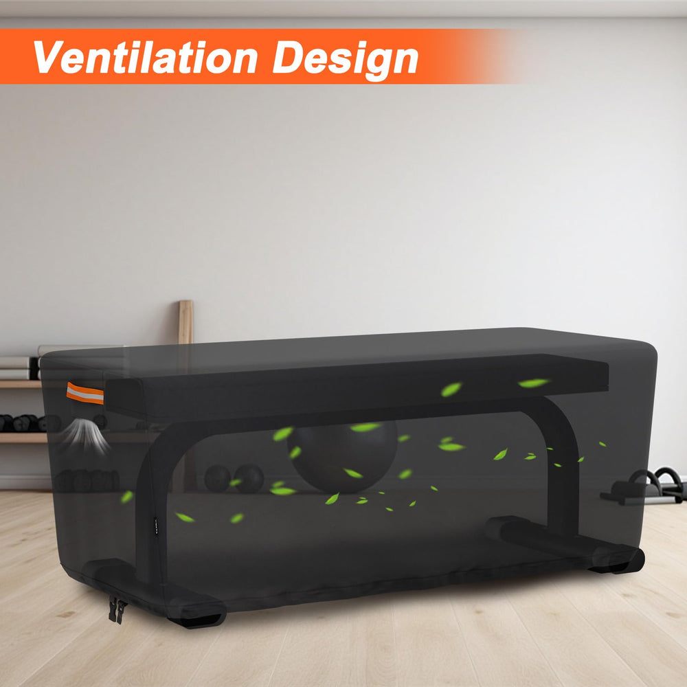 EVRBUL bench covered in garage protects equipment and prevents dust buildup