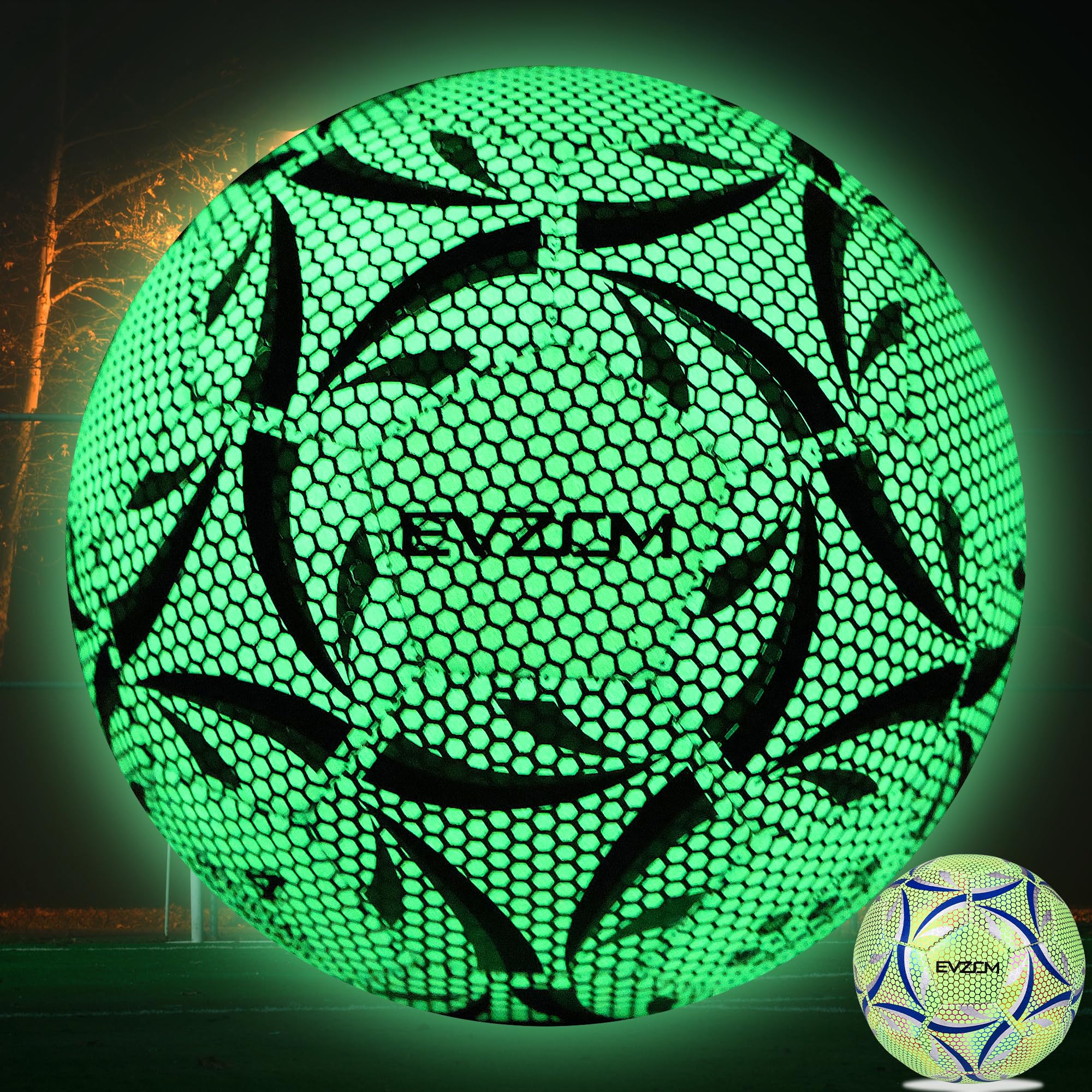 EVZOM front view showing luminous soccer ball and brand visibility benefit