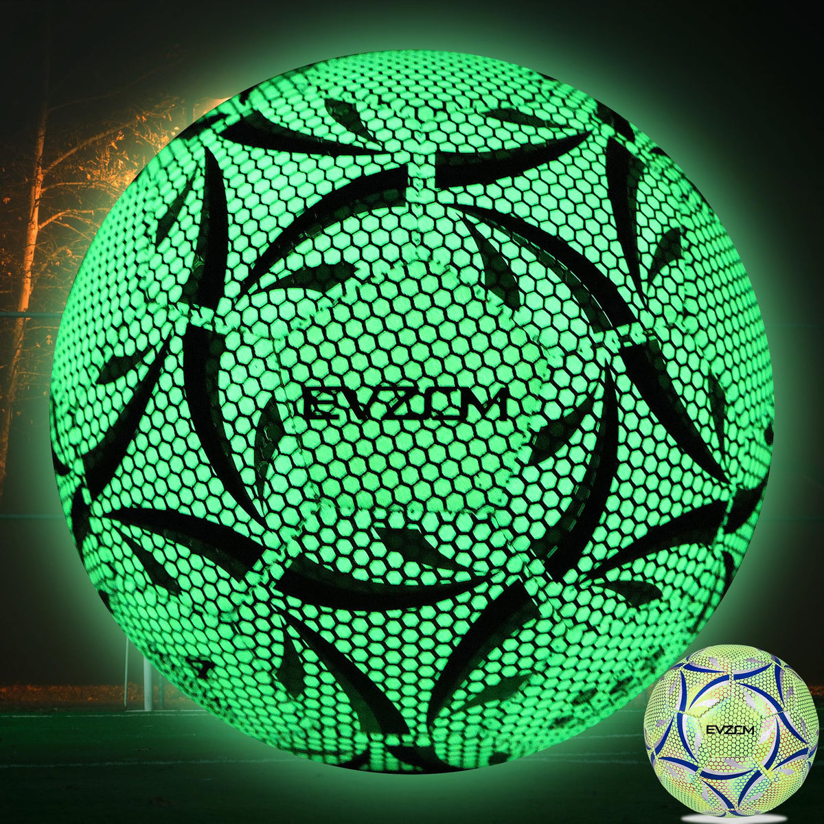 EVZOM front view showing luminous soccer ball and brand visibility benefit