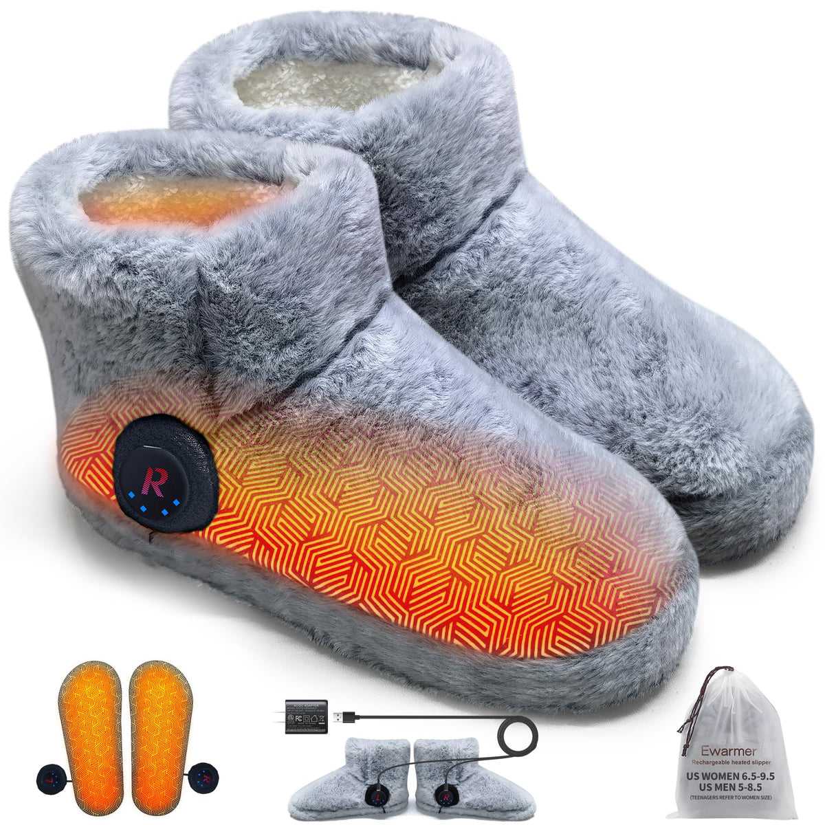 Ewarmer front view grey slippers showing shape and easy access — instant indoor warmth