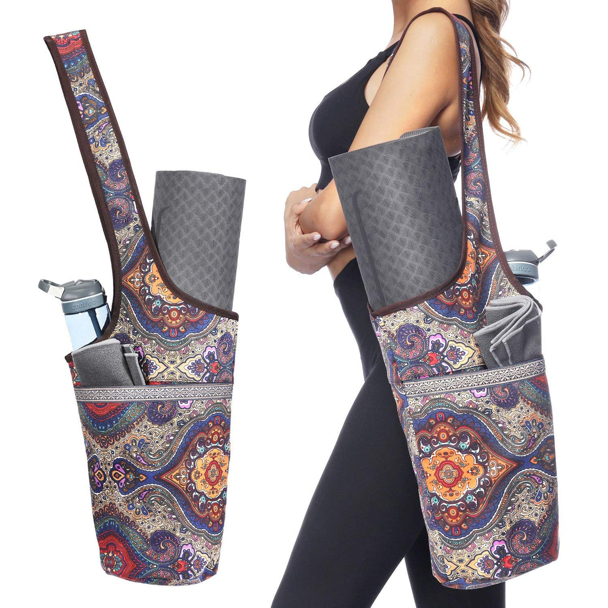 Ewedoos front view of canvas yoga mat bag showing storage benefit