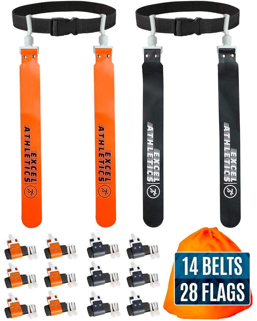 Excel Athletics front packaging showing 14 belts and 28 orange black flags for ready play