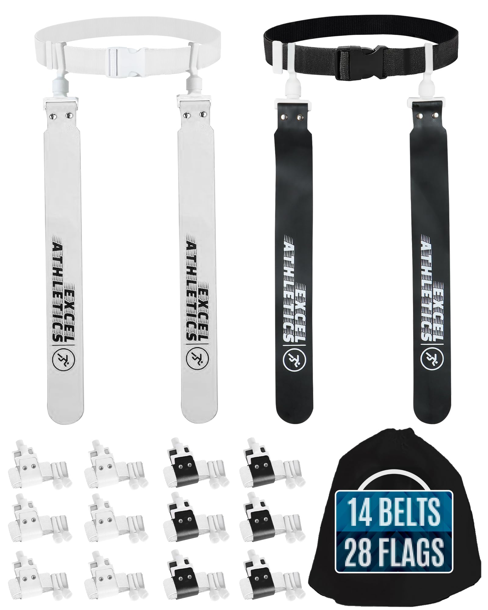 Excel Athletics front packaging showing full 14-belt 28-flag kit and included rulebook benefits organization