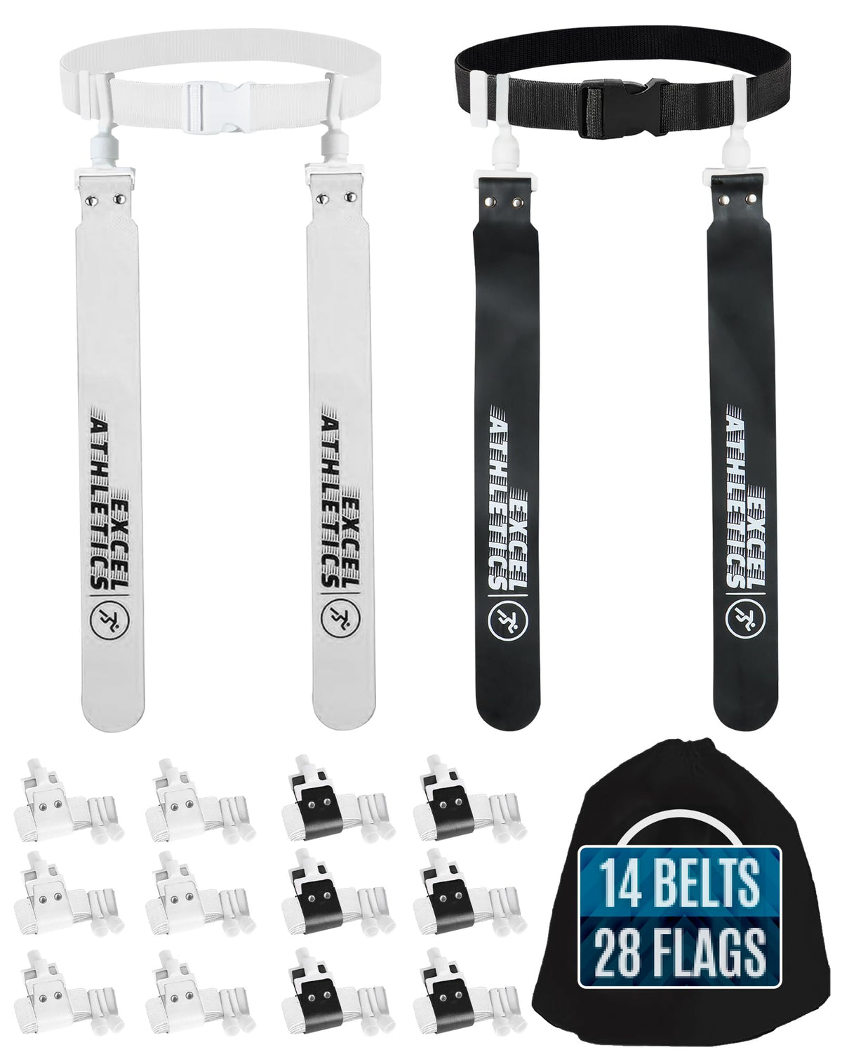 Excel Athletics front packaging showing full 14-belt 28-flag kit and included rulebook benefits organization