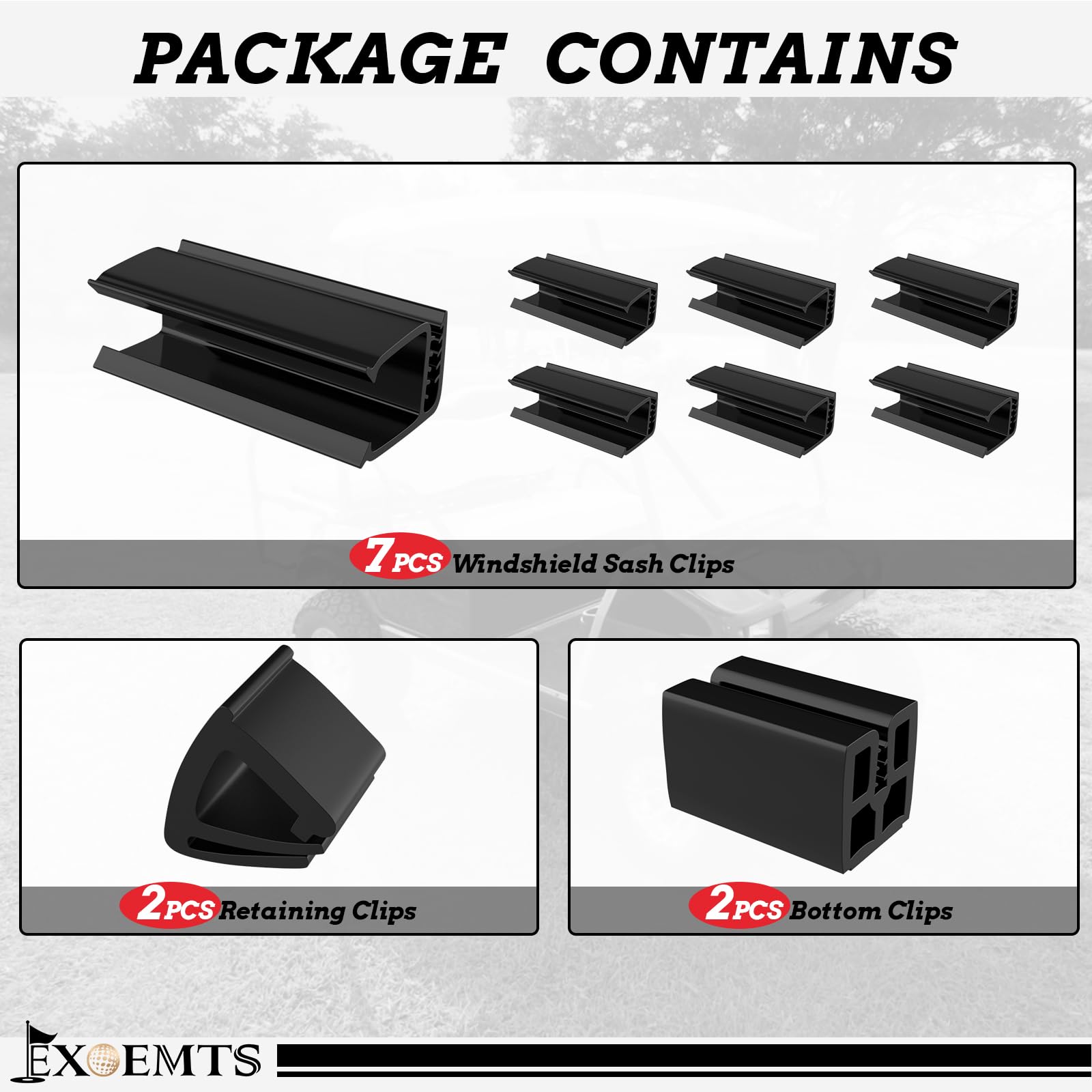 EXOEMTS clips installed on a golf cart windshield in use showing improved stability during rides