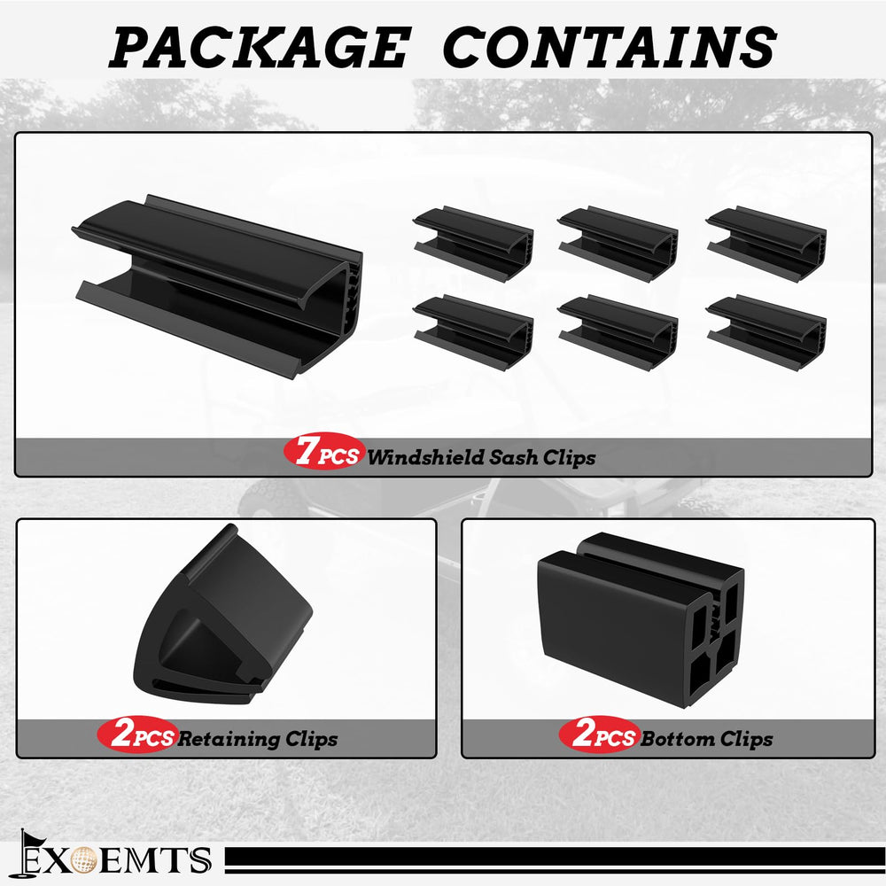 EXOEMTS clips installed on a golf cart windshield in use showing improved stability during rides