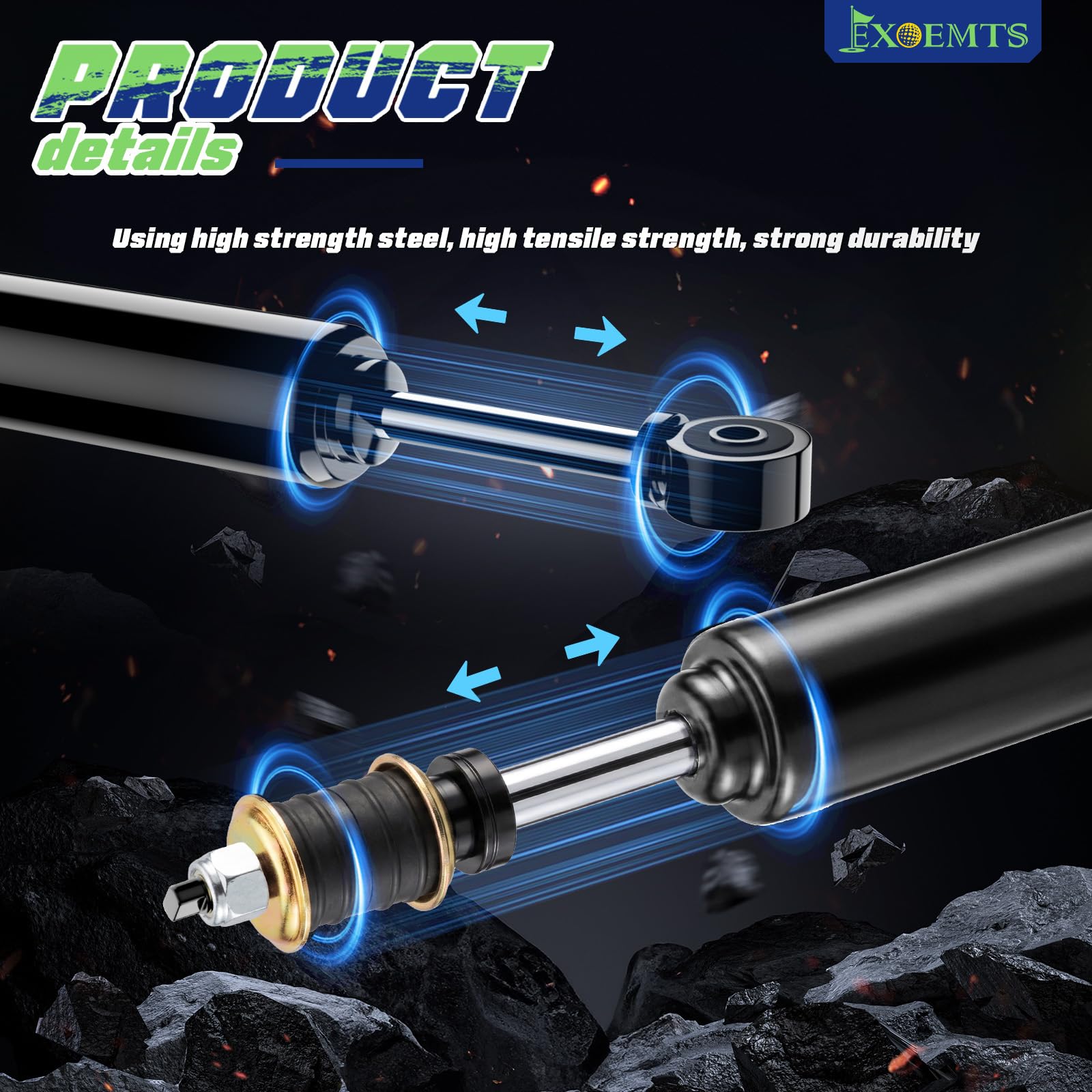 EXOEMTS front shock mounted on cart axle showing improved handling and stability