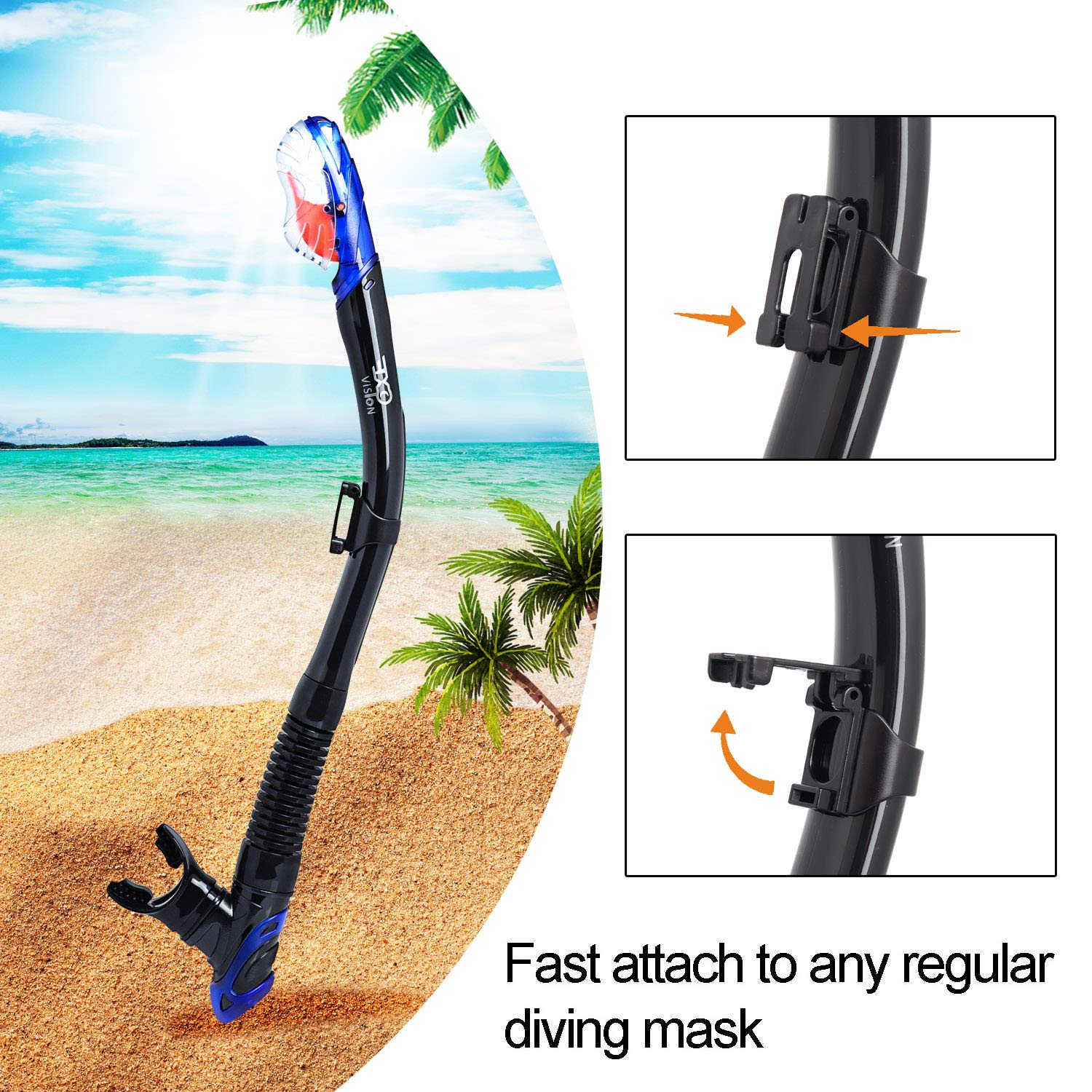 EXP VISION dry-top valve detail preventing water entry for safer snorkeling