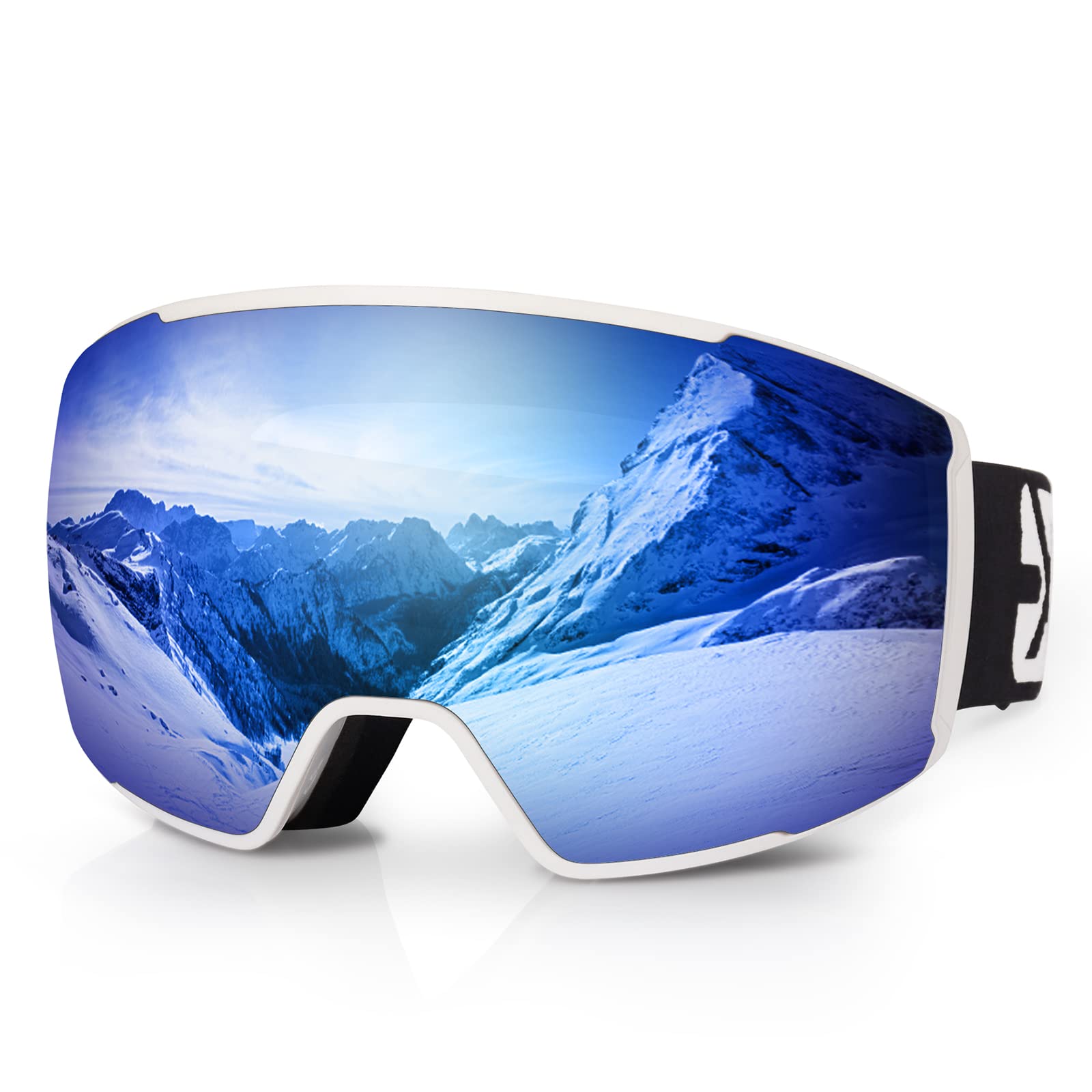 EXP VISION front view of blue goggles showing wide field and sleek frame benefit clear vision