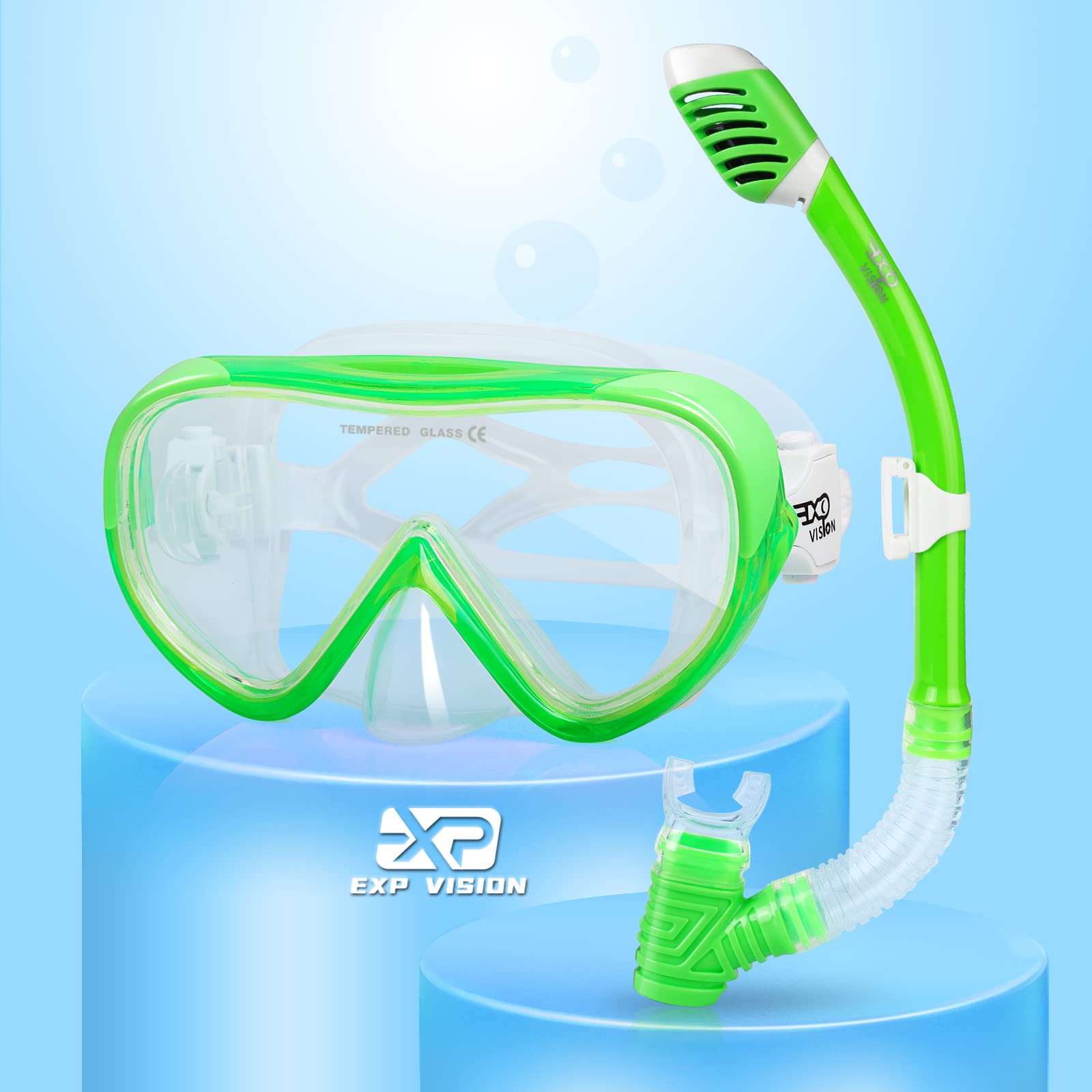EXP VISION front view of green kids snorkel set showing complete kit and fit benefit