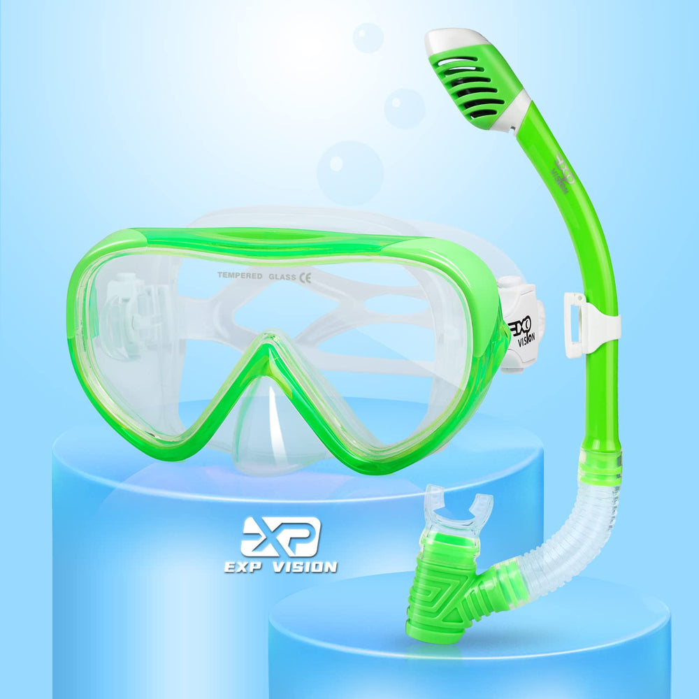 EXP VISION front view of green kids snorkel set showing complete kit and fit benefit
