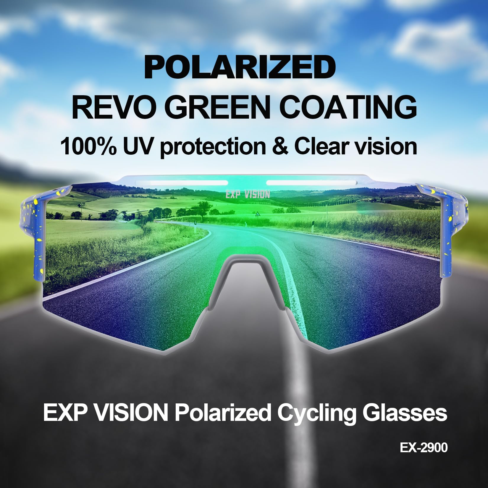 EXP VISION lens close-up highlighting polarized coating and UV400 protection benefit
