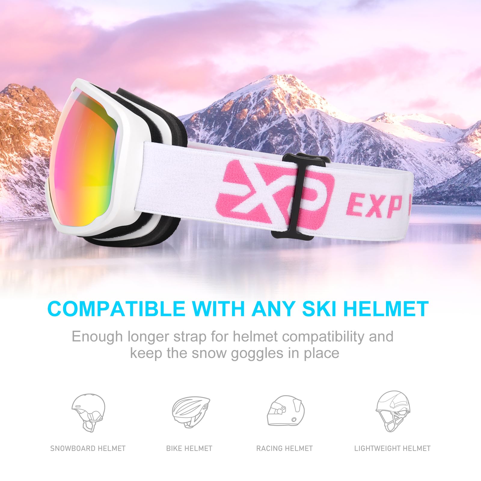 EXP VISION goggles fitted to ski helmet showing stable helmet compatibility
