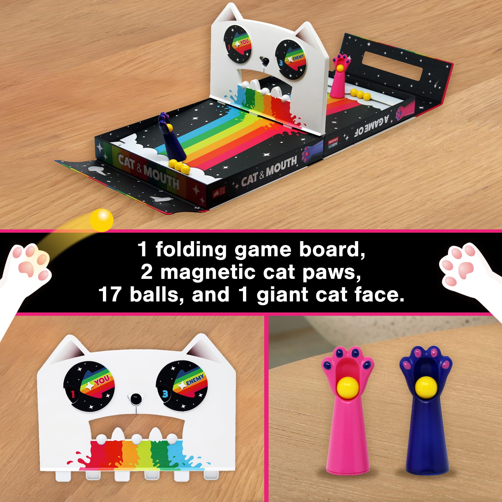 Exploding Kittens cat face channeling balls through mouth highlighting arcade action