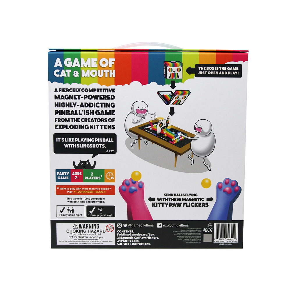 Exploding Kittens game next to a hand for scale showing compact travel-friendly size