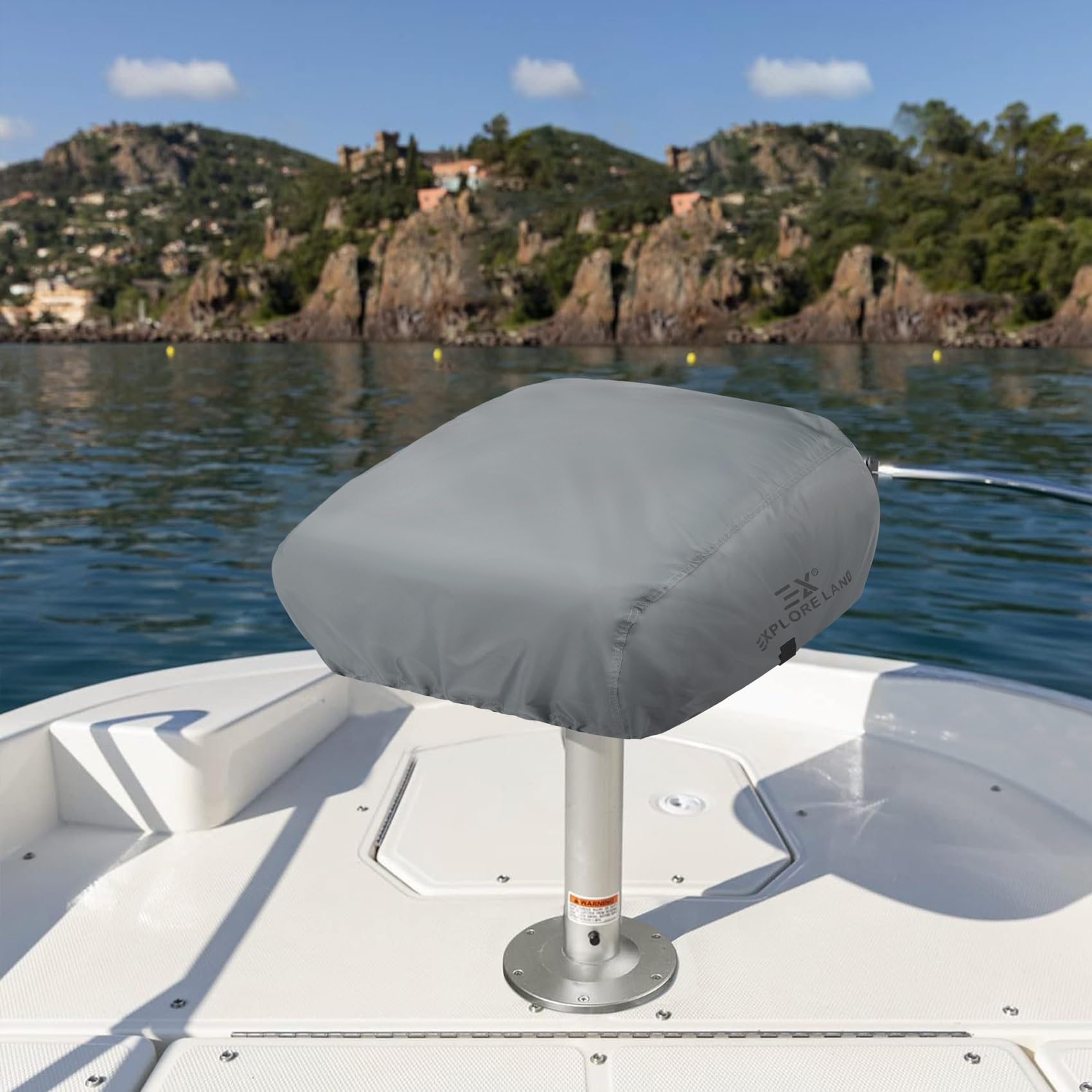 Explore Land installed cover on boat deck keeping seat clean and dry