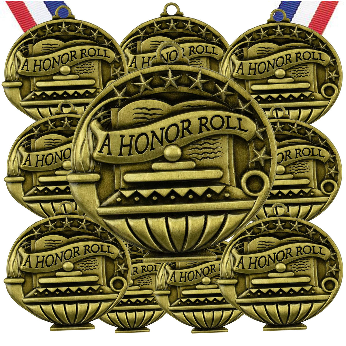 Express Medals front view of ten-pack antique gold medals shows immediate presentation benefit