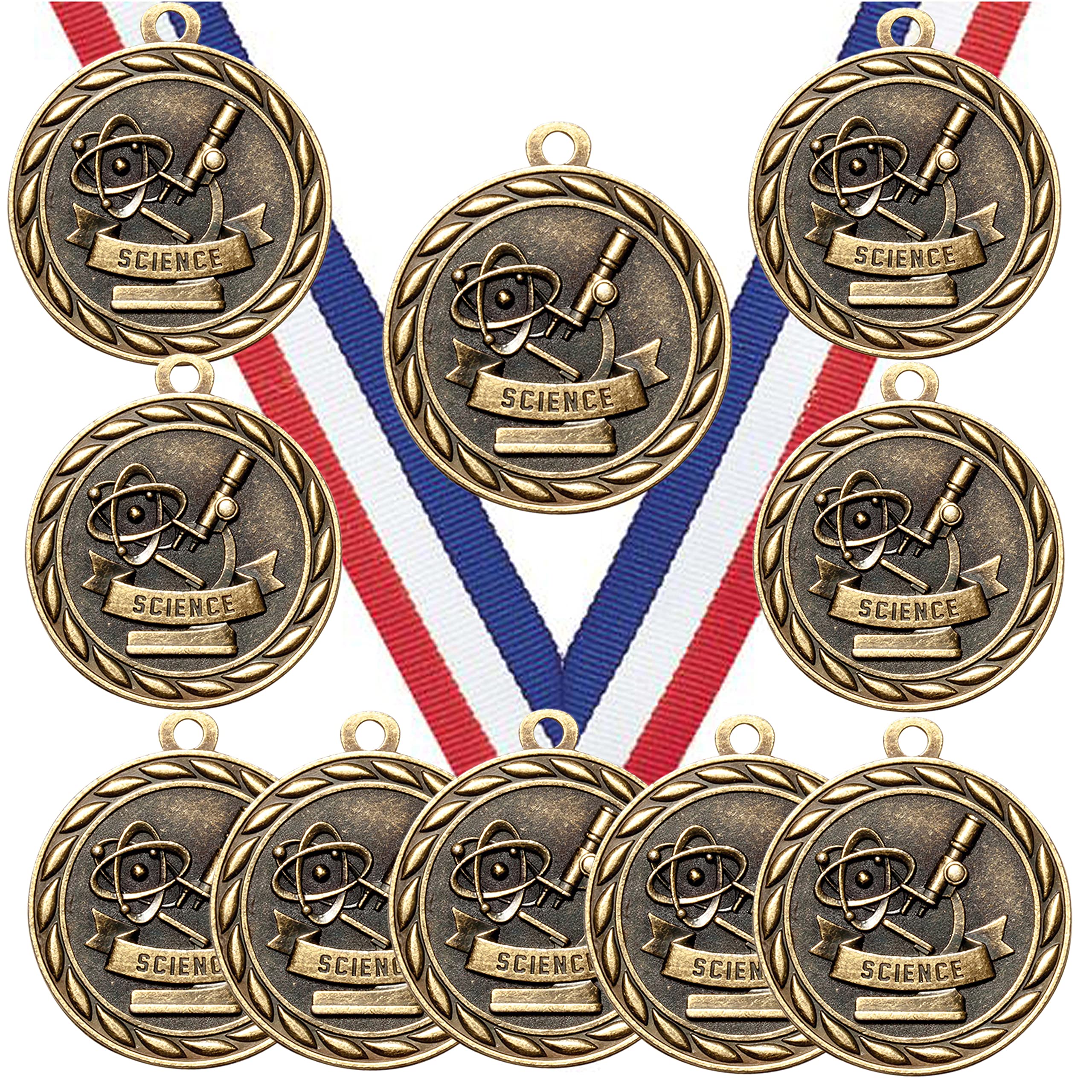 Express Medals front view of gold science fair medal showing detailed relief and prestige