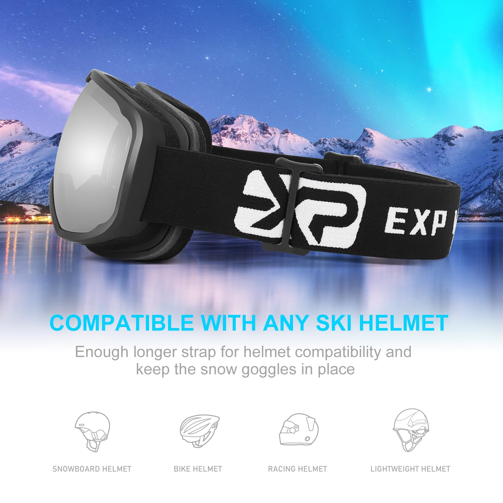 EXP VISION goggles mounted on ski helmet illustrating universal helmet compatibility