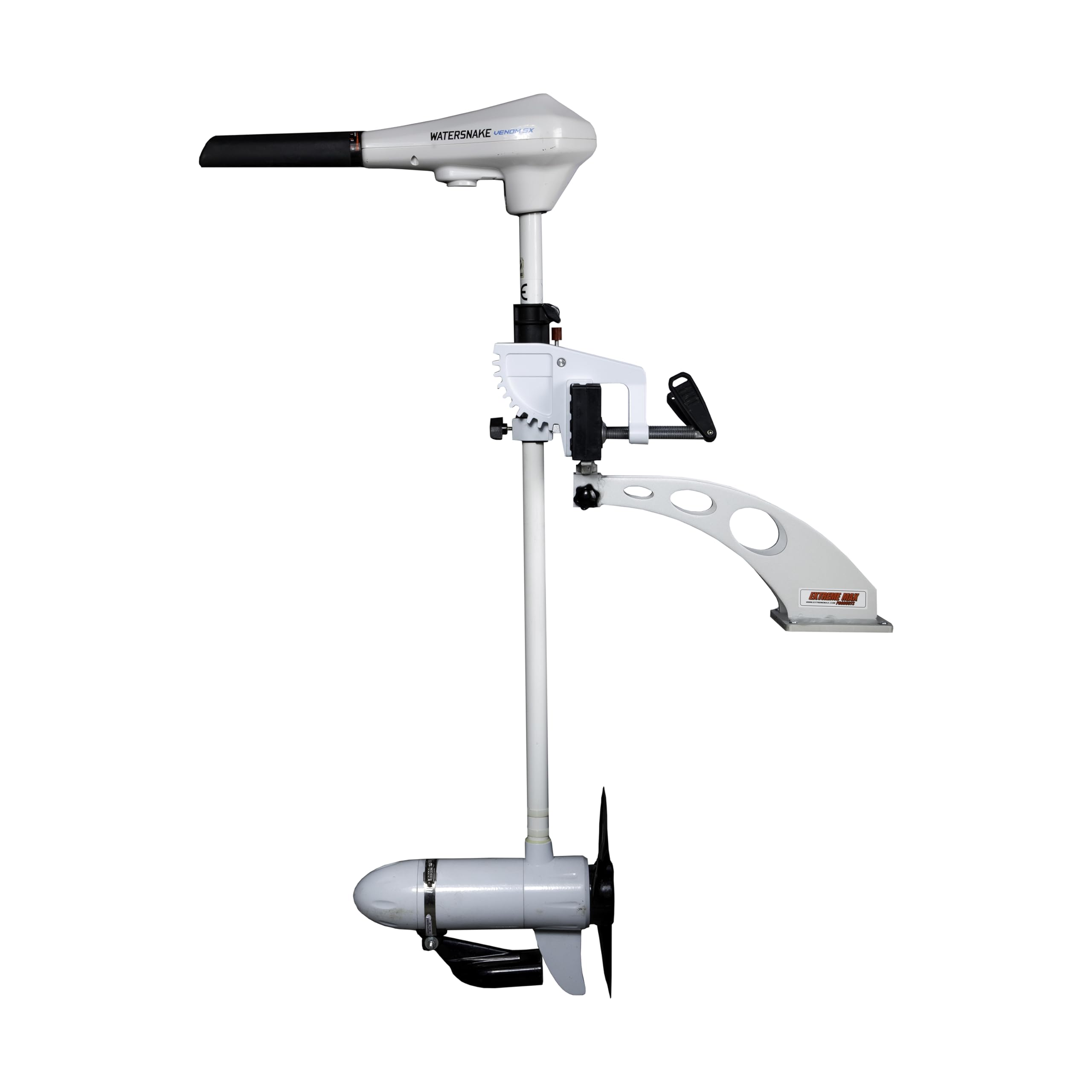 Extreme Max side angle showing long aluminum arm and improved reach for prop