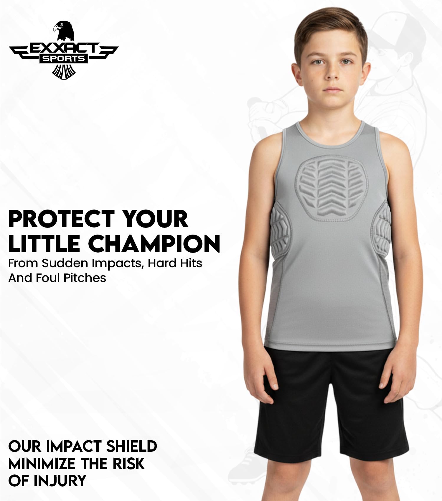Exxact Sports youth pitcher wearing tank protector offering discreet game-day safety