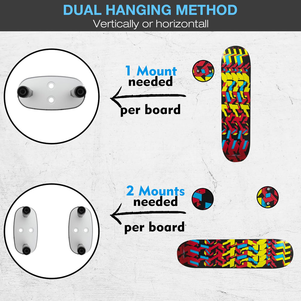ezbnb skateboard deck hung vertically on wall, clean floating display benefit