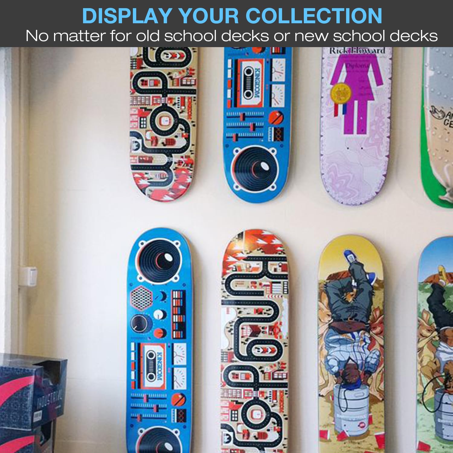 ezbnb multi-deck wall display in skate room, stylish organized storage benefit