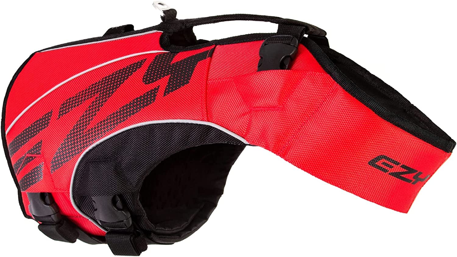 EzyDog front view of red DFD X2 life jacket showing fit and coverage