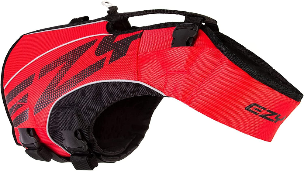 EzyDog front view of red DFD X2 life jacket showing fit and coverage